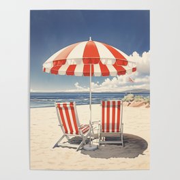 Beach Chairs and Umbrella By The Seashore Poster