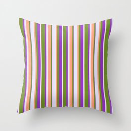 [ Thumbnail: Green, Light Salmon, Lavender & Dark Orchid Colored Stripes Pattern Throw Pillow ]