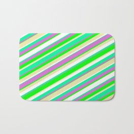 [ Thumbnail: Vibrant Green, Orchid, Lime, Pale Goldenrod, and White Colored Pattern of Stripes Bath Mat ]