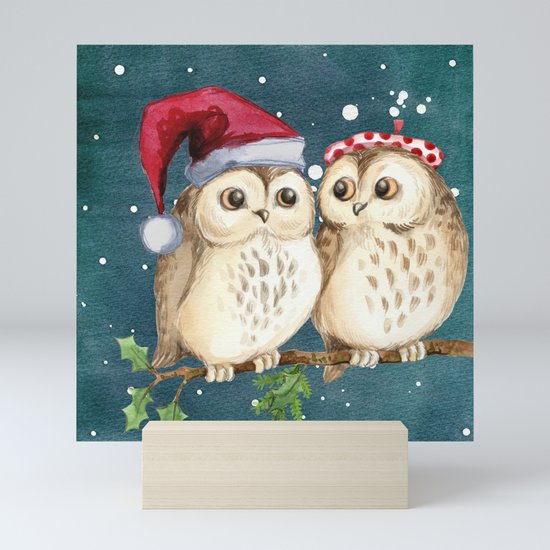 Cute Christmas Winter Owl Couple Painting Mini Art Print By