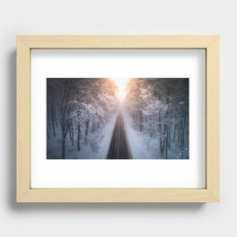 Aerial view of snowy forest with a road at sunset. Captured from above with a drone. Romania Recessed Framed Print
