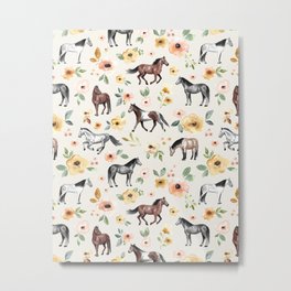 Horses and Flowers, Sunrise Floral, Cream, Horse Print, Horse Illustration, Pink and Yellow, Equestrian, Little Girls Metal Print | Horses, Floral, Horselove, Equestrian, Sunrisefloral, Wildhorses, Horseillustration, Curated, Watercolor, Littlegirls 