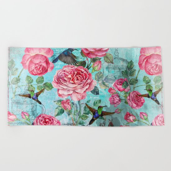 Vintage Watercolor hummingbird and English Roses on aqua Background Beach Towel