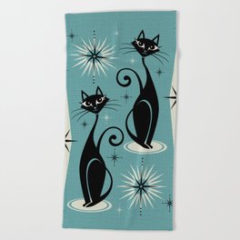 Mid Century Meow Retro Atomic Cats on Blue Beach Towel