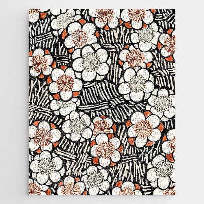 Black and White Vintage Japanese Floral Pattern Jigsaw Puzzle