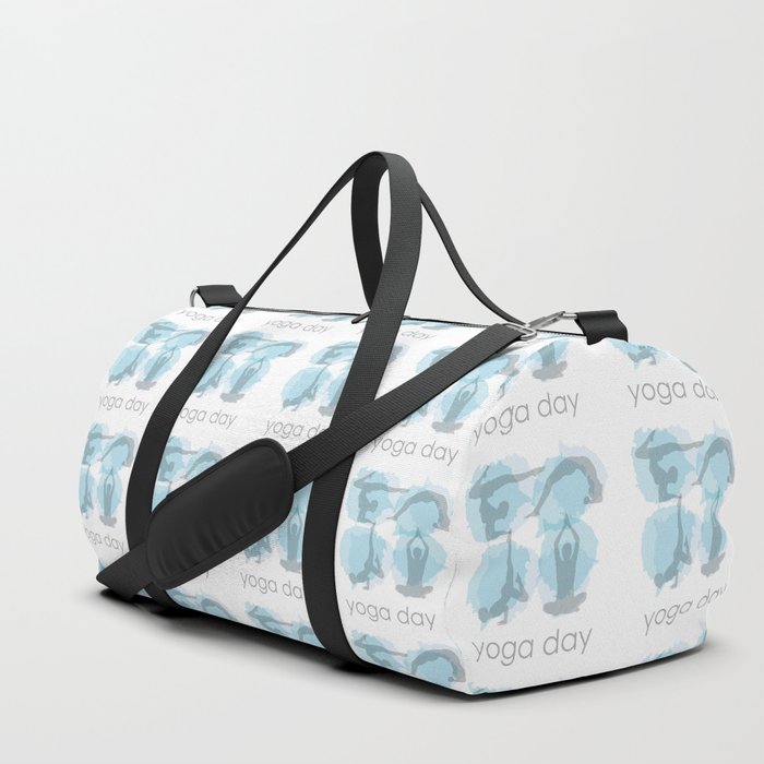 Yoga day workout silhouettes on watercolor paint splashes	 Duffle Bag
