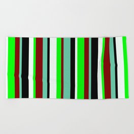 [ Thumbnail: Eyecatching Aquamarine, Maroon, Lime, Mint Cream & Black Colored Lined/Striped Pattern Beach Towel ]