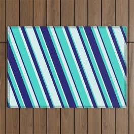 [ Thumbnail: Turquoise, Midnight Blue, and Light Cyan Colored Stripes/Lines Pattern Outdoor Rug ]