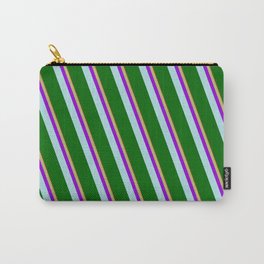 [ Thumbnail: Brown, Dark Khaki, Dark Violet, Powder Blue, and Dark Green Colored Lined/Striped Pattern Carry-All Pouch ]