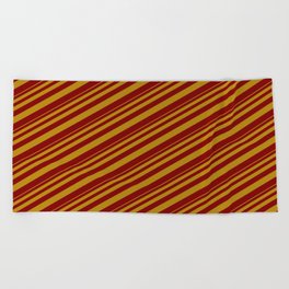 [ Thumbnail: Dark Goldenrod and Maroon Colored Lined/Striped Pattern Beach Towel ]