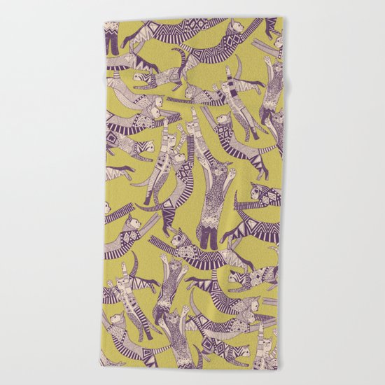 cat party mustard purple Beach Towel