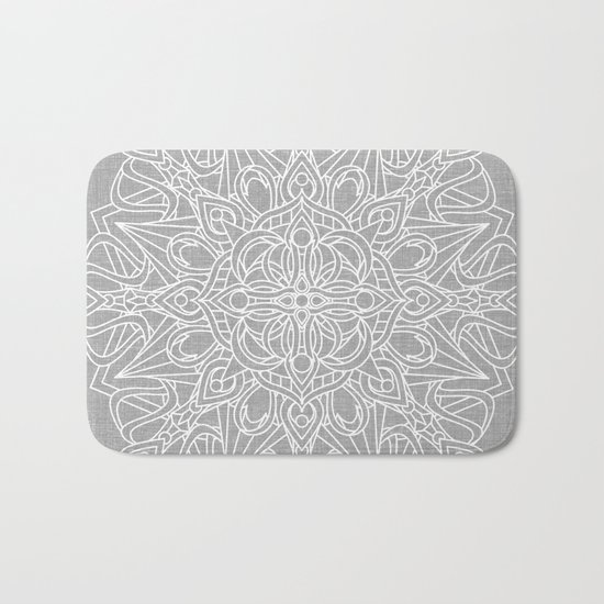 White Mandala on Grey Linen Bath Mat