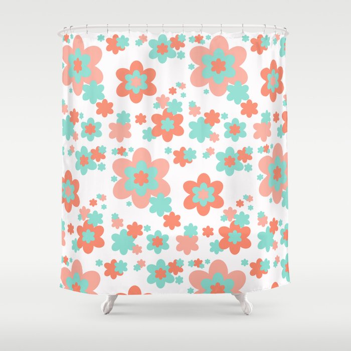 Coral And Mint Green Floral Shower Curtain