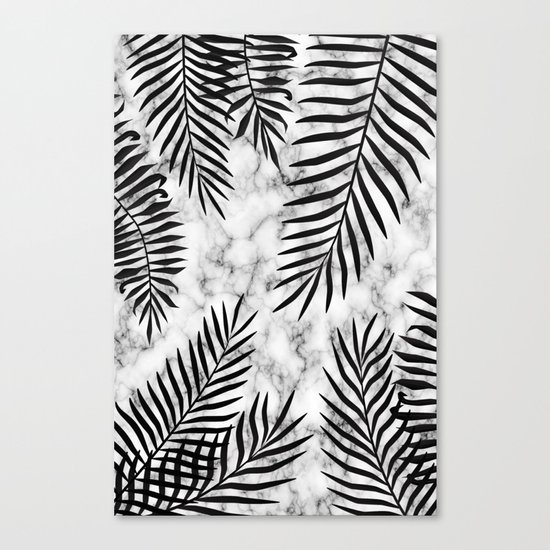 Black palm leaves on marble Canvas Print
