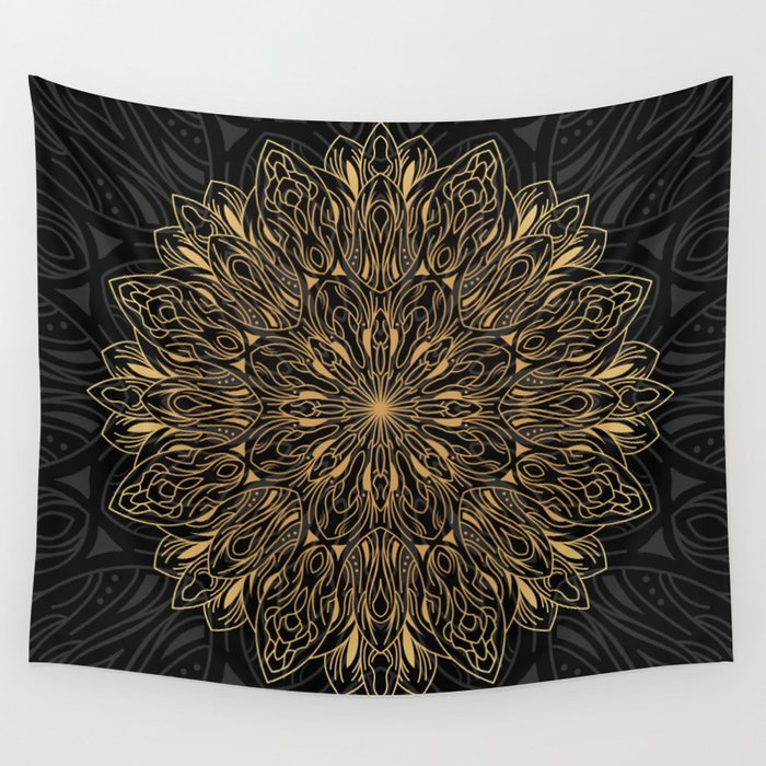 MANDALA IN BLACK AND GOLD Wall Tapestry