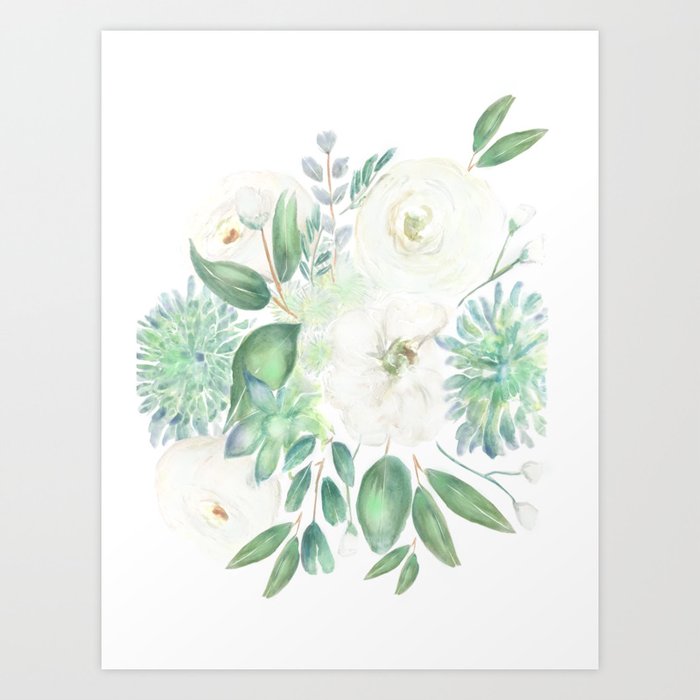 Handmade white flowers watercolor composition  Art Print