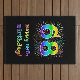 [ Thumbnail: 68th Birthday - Fun Rainbow Spectrum Gradient Pattern Text, Bursting Fireworks Inspired Background Outdoor Rug ]
