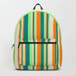 [ Thumbnail: Green, Dark Cyan, Dark Orange, and Beige Colored Stripes Pattern Backpack ]
