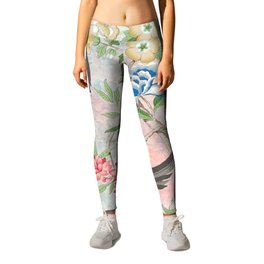 Chinoiserie Magpie Blooming Peony Botanical Garden Leggings | Chinese, Tropical, Pastel, Birds, Nature, Vintage, Floral, Painting, Pattern, Oriental 