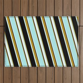 [ Thumbnail: Black, Dark Goldenrod, Turquoise & Mint Cream Colored Lined Pattern Outdoor Rug ]