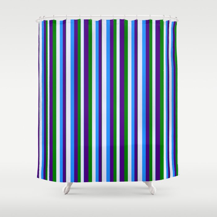 Blue, Lavender, Green, and Indigo Colored Pattern of Stripes Shower Curtain