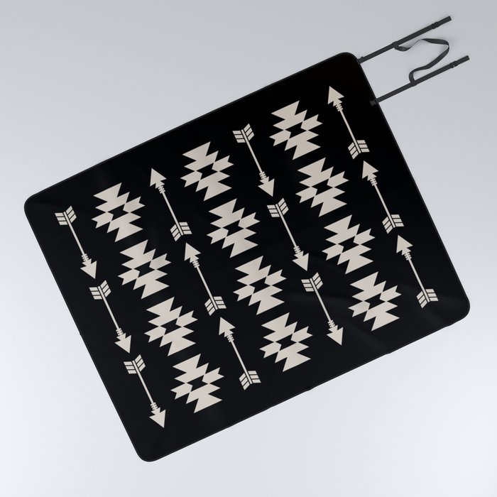 Southwestern Arrow Pattern 252 Black and Linen White Picnic Blanket