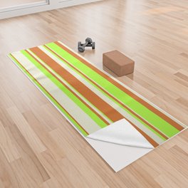 [ Thumbnail: Beige, Chocolate & Light Green Colored Lined/Striped Pattern Yoga Towel ]
