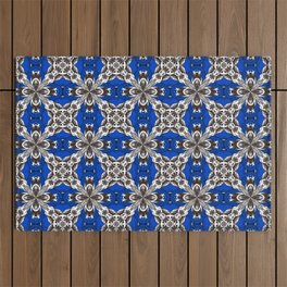 Royal Blue Grey and White Repeat Tile Pattern Outdoor Rug
