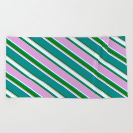 [ Thumbnail: Dark Cyan, Green, Plum & Light Cyan Colored Striped Pattern Beach Towel ]