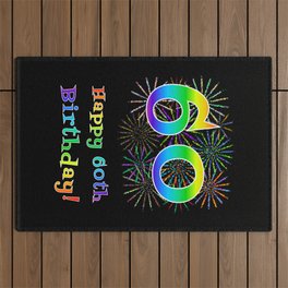 [ Thumbnail: 60th Birthday - Fun Rainbow Spectrum Gradient Pattern Text, Bursting Fireworks Inspired Background Outdoor Rug ]