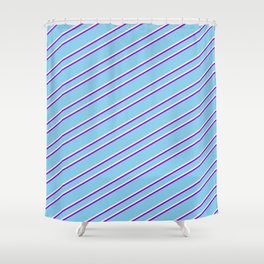 [ Thumbnail: Sky Blue, Beige, and Dark Violet Colored Pattern of Stripes Shower Curtain ]