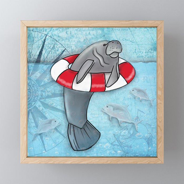 Manatee in a Swim Ring Framed Mini Art Print