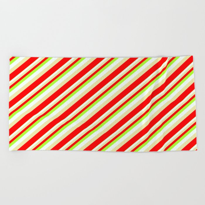 Light Green, Mint Cream, Pale Goldenrod & Red Colored Stripes/Lines Pattern Beach Towel