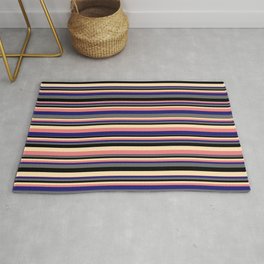 [ Thumbnail: Vibrant Beige, Light Coral, Midnight Blue, Dim Gray, and Black Colored Pattern of Stripes Rug ]