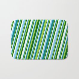 [ Thumbnail: Light Sky Blue, Teal, Green, Dark Green, and Mint Cream Colored Striped Pattern Bath Mat ]