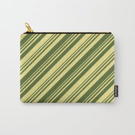 [ Thumbnail: Dark Olive Green & Tan Colored Lined/Striped Pattern Carry-All Pouch ]