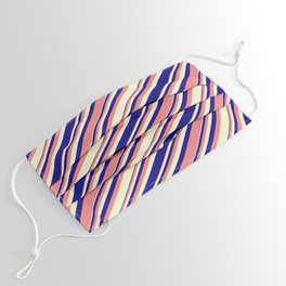 [ Thumbnail: Light Coral, Light Yellow, and Blue Colored Lined/Striped Pattern Face Mask ]