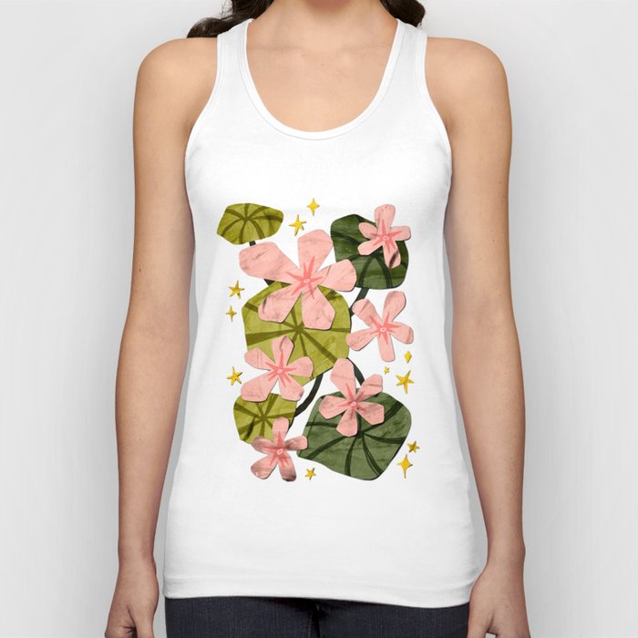 Pink Flower and Green Lotus leaves, texture and Paper Cutout Tank Top