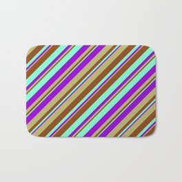 [ Thumbnail: Aquamarine, Dark Violet, Dark Khaki, and Brown Colored Stripes/Lines Pattern Bath Mat ]