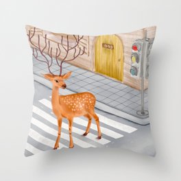 Watercolor Illustration of a beautiful sika deer standing at the crossroad Throw Pillow