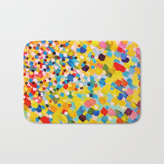 SWEPT AWAY 2 - Vibrant Colorful Rainbow Mango Yellow Waves Mermaid Splash Abstract Acrylic Painting Bath Mat