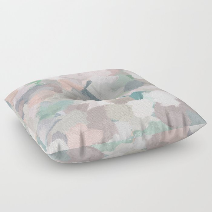 Fuzzy Flowers I - Mint Seafoam Green Dusty Rose Blush Pink Abstract Nature Spring Painting Print Floor Pillow