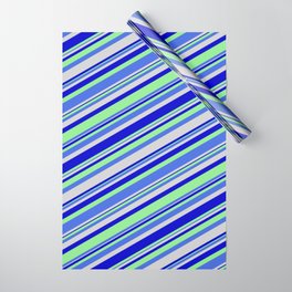 [ Thumbnail: Light Green, Royal Blue, Light Grey, and Blue Colored Lines Pattern Wrapping Paper ]