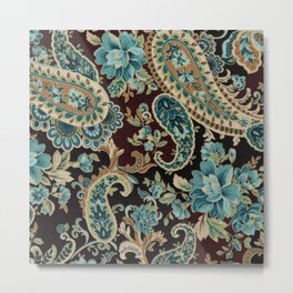 Brown Turquoise Paisley Floral Metal Print | Bouquet, Ornament, Cabaret, Turquoise, Ceruleanpaisley, Bluefloralpaisley, Brownpaisley, Socialite, Baroque, Floral 