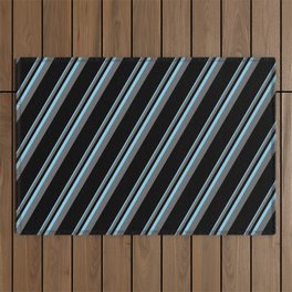 [ Thumbnail: Sky Blue, Dim Grey, and Black Colored Pattern of Stripes Outdoor Rug ]