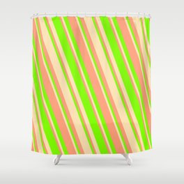 [ Thumbnail: Beige, Light Salmon & Chartreuse Colored Stripes Pattern Shower Curtain ]