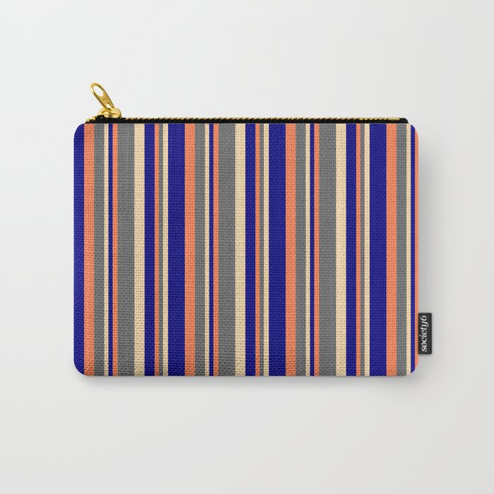 Coral, Dim Gray, Tan & Blue Colored Pattern of Stripes Carry-All Pouch