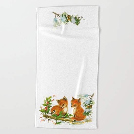 Vintage dream- little Winterfoxes in snowy forest Beach Towel