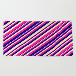 [ Thumbnail: Deep Pink, Dark Blue & Beige Colored Lined Pattern Beach Towel ]