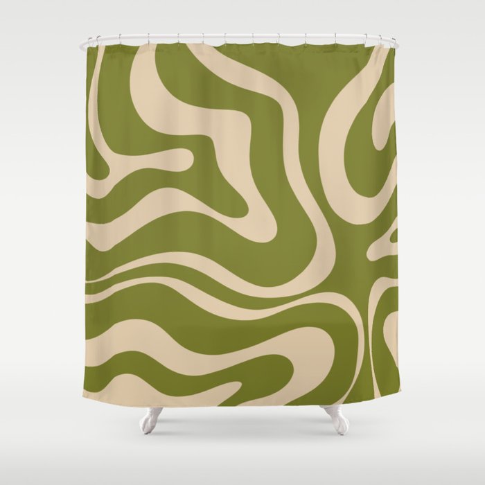 Retro Modern Liquid Swirl Abstract Pattern Square in Mid Mod Olive Green and Beige Shower Curtain